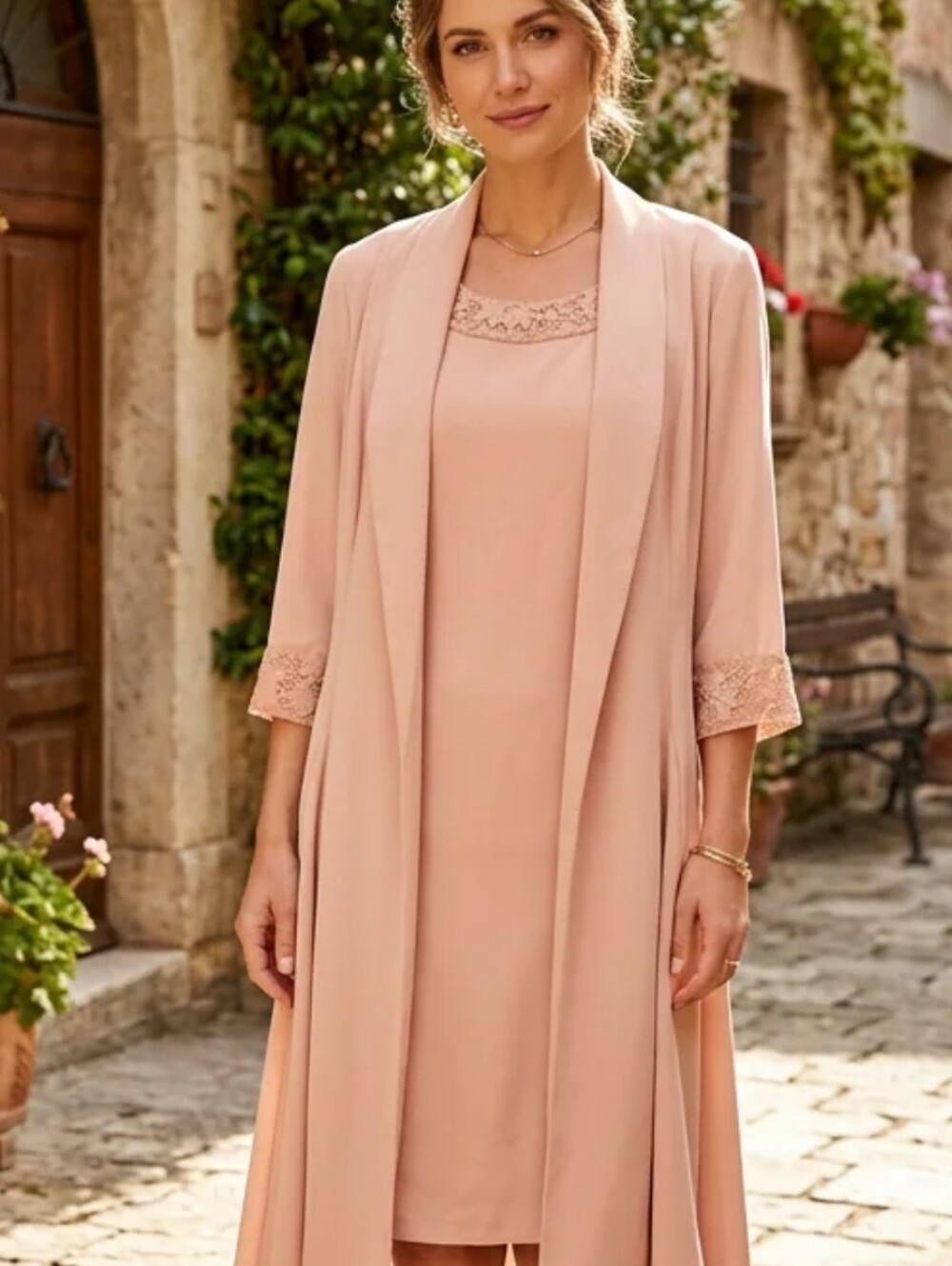 Grace Karin Blush Tan 2 Piece Below Knee Dress & Jacket Set w/Lace Accents - M